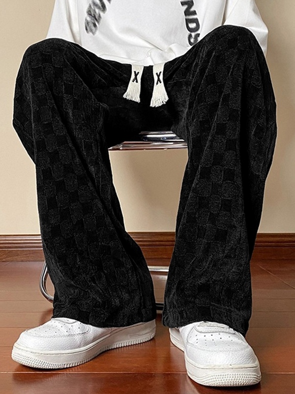 Pantalones de pierna ancha con cordón y estampado de cuadros de pana para hombre-3