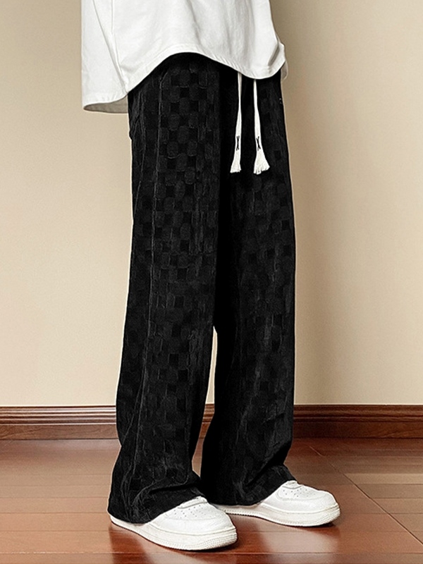 Pantalones de pierna ancha con cordón y estampado de cuadros de pana para hombre-4