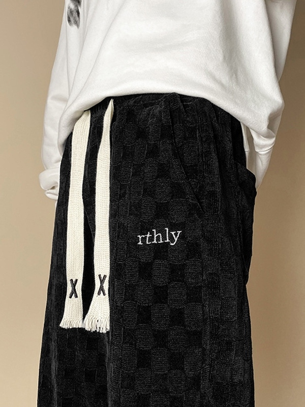 Pantalones de pierna ancha con cordón y estampado de cuadros de pana para hombre-1