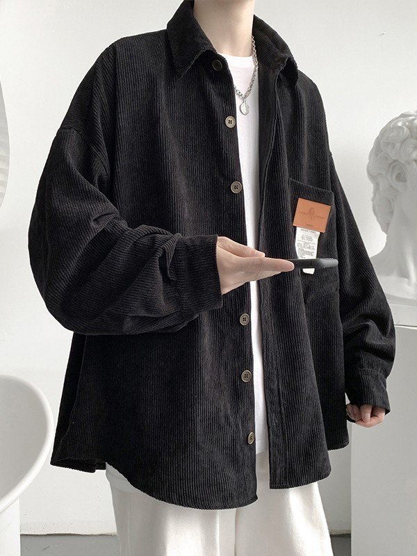 Camisa de manga larga de pana con detalle de parche para hombre-1